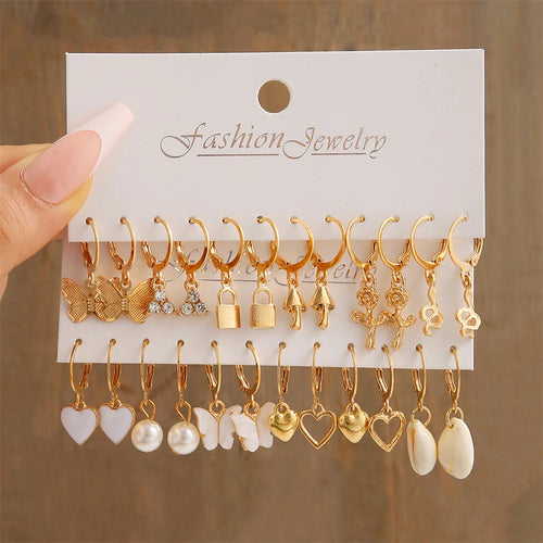 Heart Pearl Dangle Earrings Set Metal Gold Color Butterfly Locks