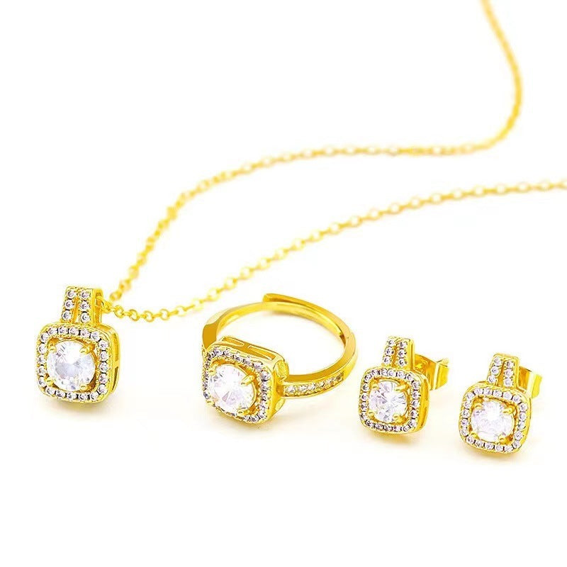 Gem Pendant Necklace with stud Earrings and Ring